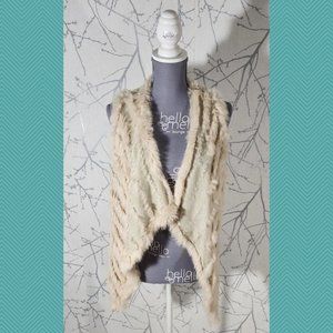 Metric Knits Ivory Rabbit Fur Stripe Open Vest Cardigan | Women's L